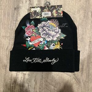 Ed hardy Black Beanies with Floral Design
